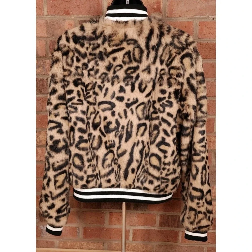 Metric Knits Dyed Rabbit Fur Leopard Bomber Snap‎ Jacket Size Medium